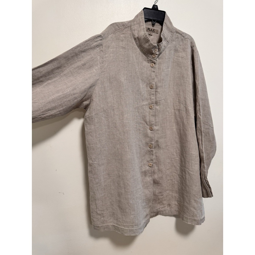 FLAX 100% Linen Button Front Top Mandarin Collar Women Size L Lagenlook - Picture 2 of 7
